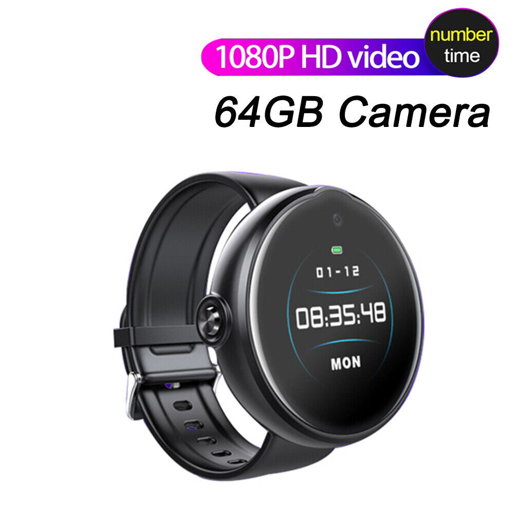 Check out the stylish Smart Watch SpyCam featuring a circular design, black wristband, 1080P Full HD video, 64GB camera, and text overlays for time and date. Enjoy continuous recording while viewing "number time" on its bright screen.