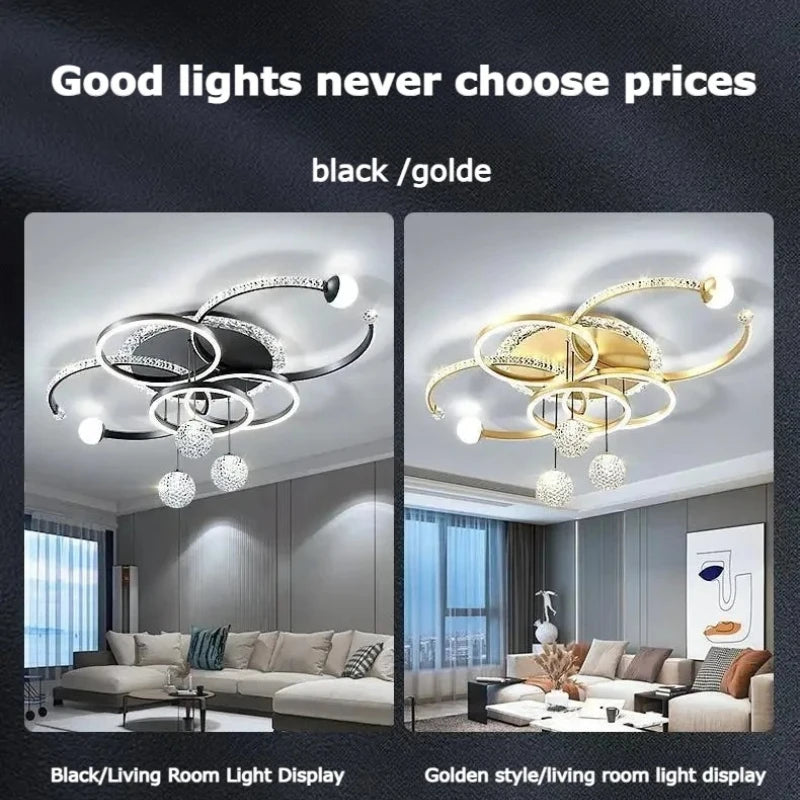 Two modern ceiling lights are displayed: the first is a sculptural black ceiling fixture brightening a gray living room, while the second is the Elegant Multi-Ring Ceiling Light in gold, illuminating a white living space. Both lights showcase graceful curved designs and are turned on. Text reads: “Good lights never choose prices.”.