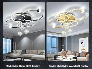 Two images show modern living rooms with the Elegant Multi-Ring Ceiling Light in different finishes: one in black and silver, the other in gold; both spaces feature sectional sofas and contemporary decor.