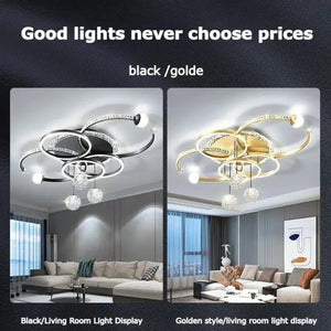 Two modern ceiling lights are displayed: the first is a sculptural black ceiling fixture brightening a gray living room, while the second is the Elegant Multi-Ring Ceiling Light in gold, illuminating a white living space. Both lights showcase graceful curved designs and are turned on. Text reads: “Good lights never choose prices.”.