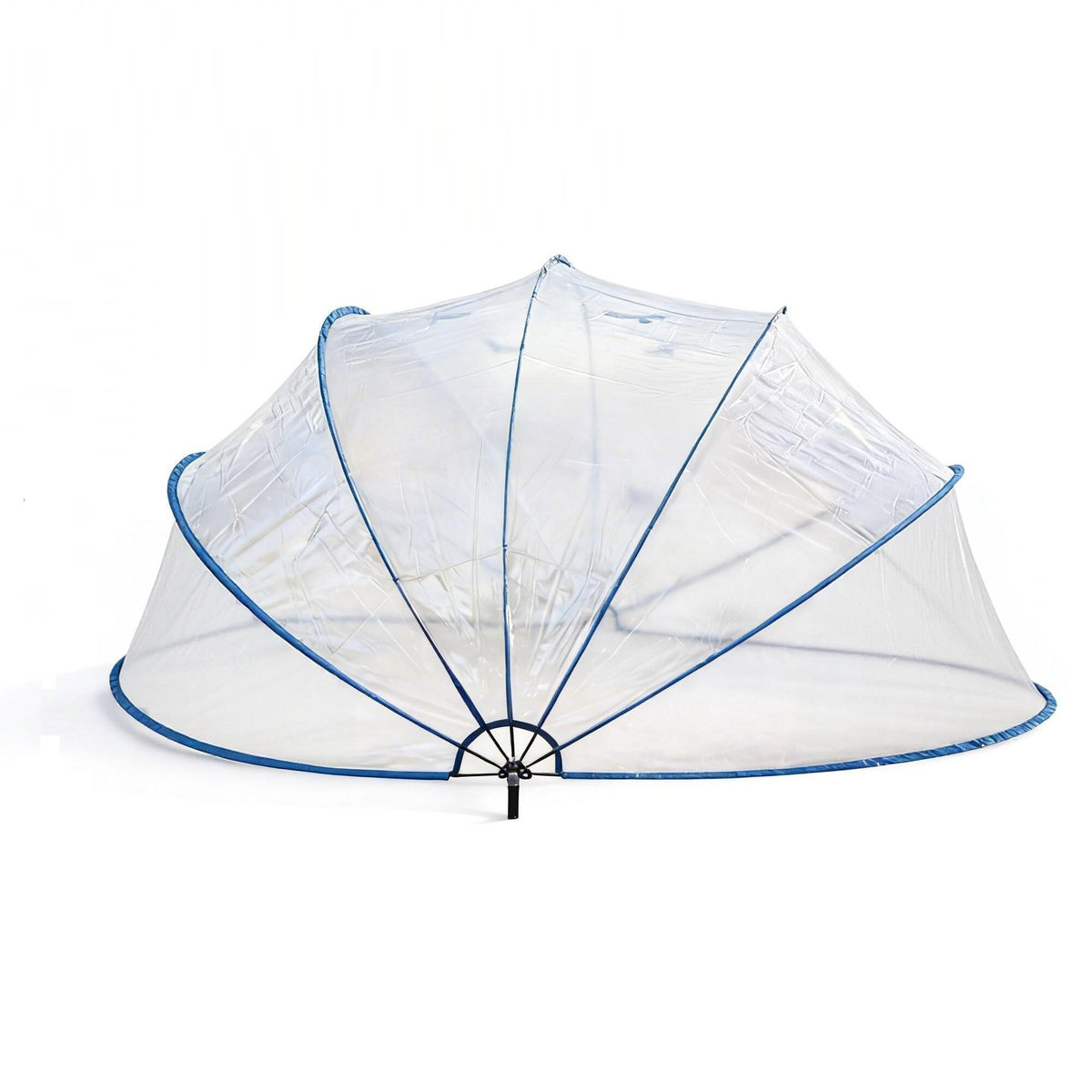 Large Above Ground Pool Cover with a blue trim, featuring a transparent umbrella-shaped design to protect food outdoors. Similar to a clear dome pool cover or transparent pool enclosure, this cover ensures full visibility while safeguarding your dishes. It is shown open and displayed against a plain white background.