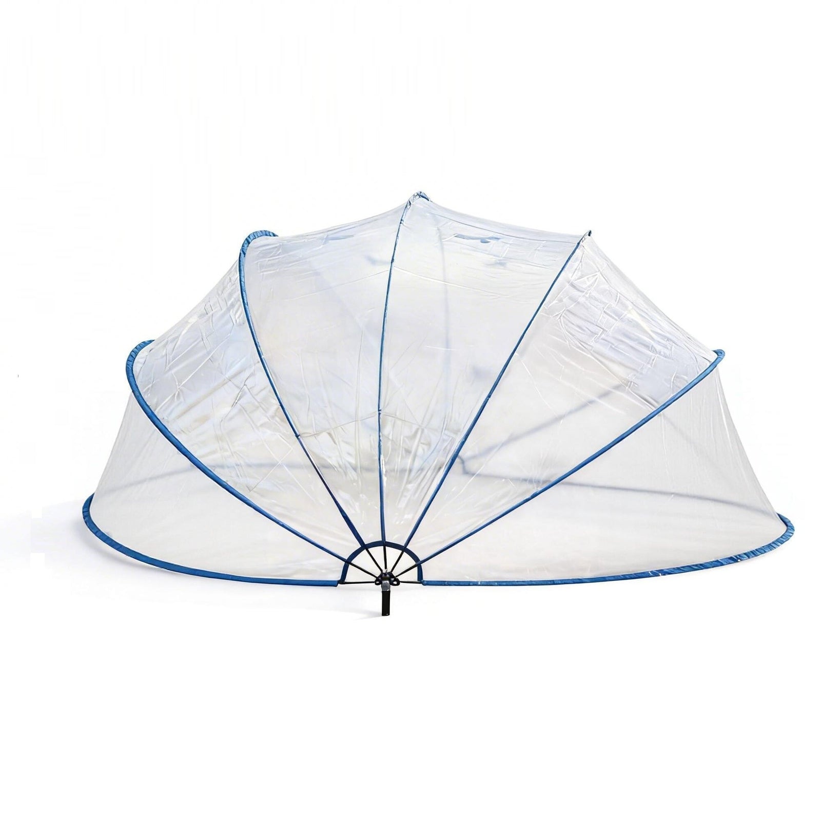 Large Above Ground Pool Cover with a blue trim, featuring a transparent umbrella-shaped design to protect food outdoors. Similar to a clear dome pool cover or transparent pool enclosure, this cover ensures full visibility while safeguarding your dishes. It is shown open and displayed against a plain white background.