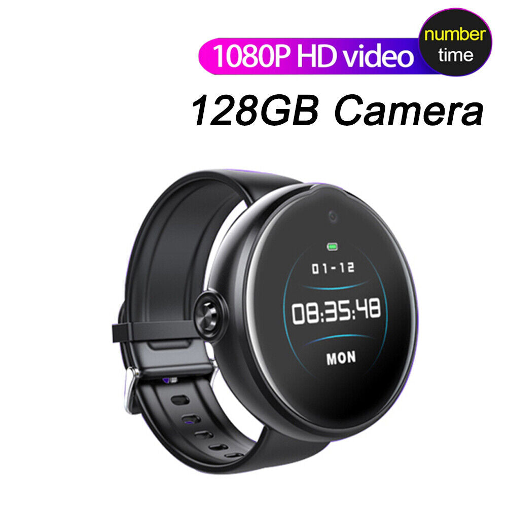 The Smart Watch SpyCam features a black strap and digital display that shows time and date, supporting "1080P Full HD" video with a hidden "128GB Camera," ideal for continuous recording.