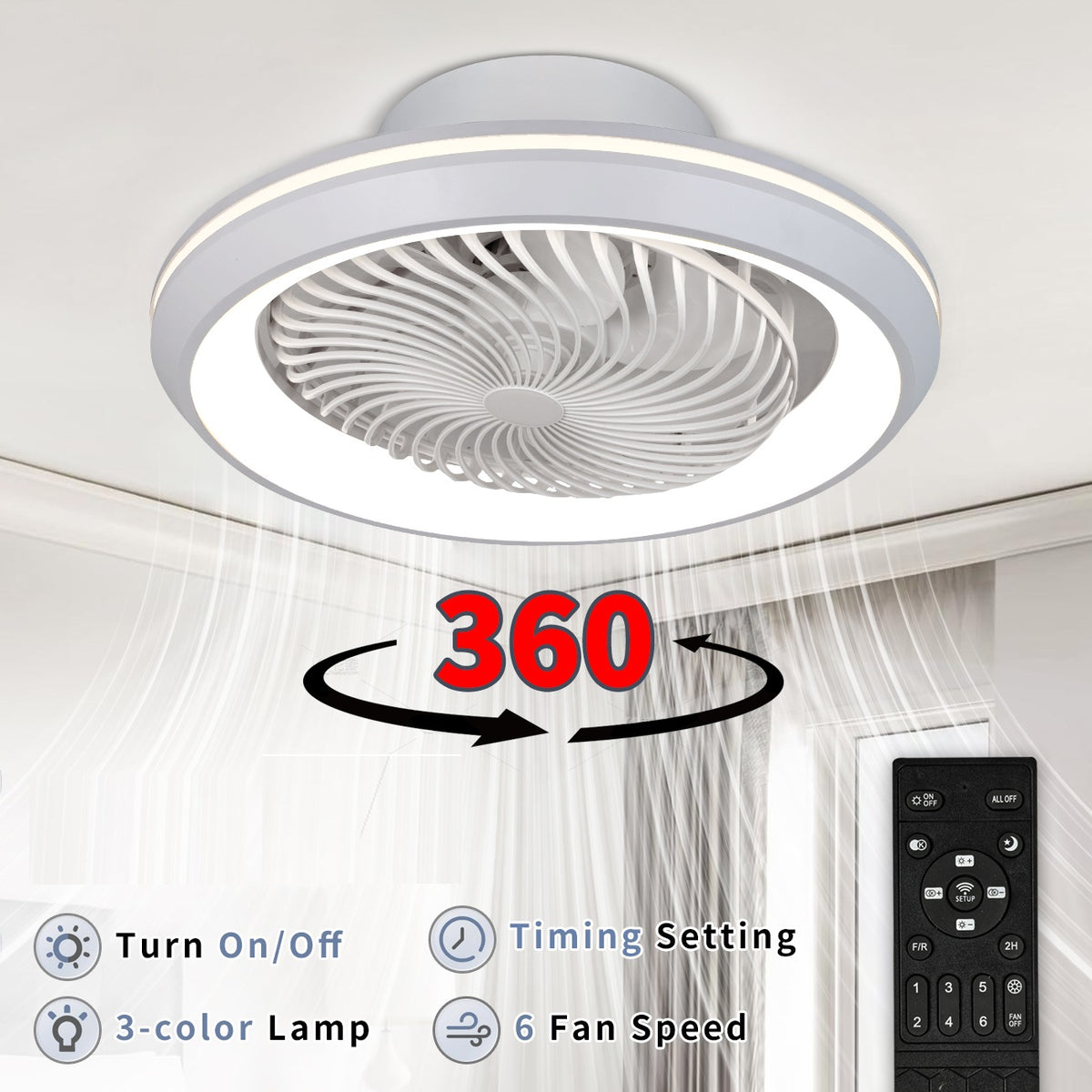 The Smart Fan Ceiling Light features a built-in light, 360° rotation, adjustable 3-color lamp, six fan speeds, timer setting, and remote control—an ideal stylish ceiling light and fan combo for any room.