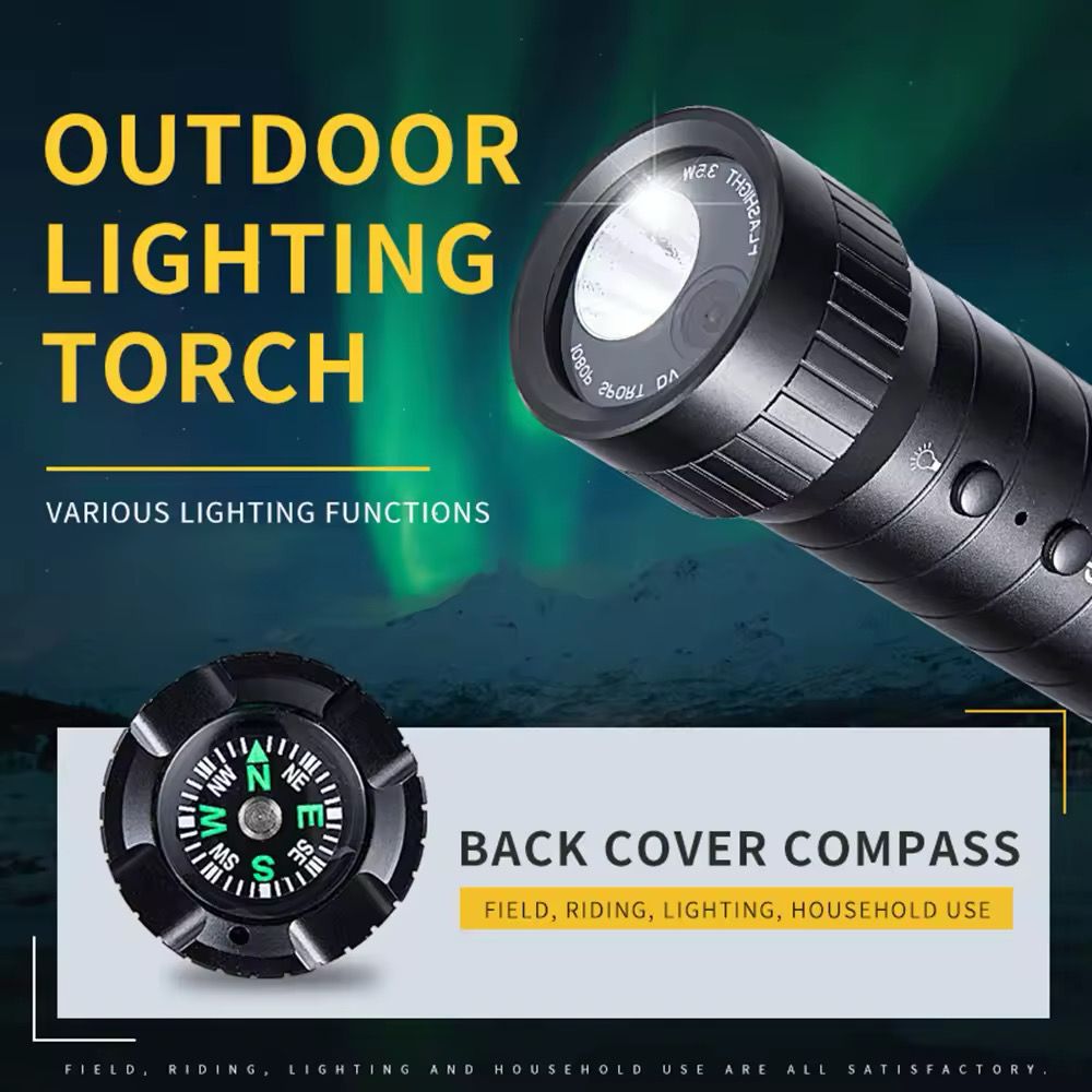 The Outdoor Flashlight SpyCam is a black, waterproof torch with a built-in back cover compass and versatile lighting, perfect for fieldwork, riding, everyday use, and more.