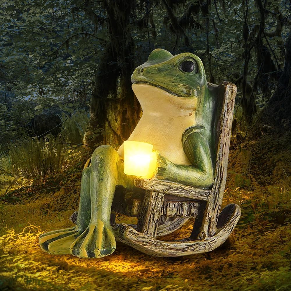 Introduce charm and whimsy to your outdoor décor with the Solar-powered Rocking Chair Frog Light—a delightful garden ornament featuring a weatherproof resin frog relaxing in a wooden-style rocking chair, holding a glowing yellow light. Perfectly suited for your yard or garden, this durable and solar-powered accent illuminates dimly lit spaces while bringing playful character to any scene.