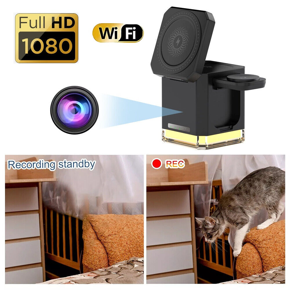 The Universal Charger Night Light SpyCam is a hidden camera in a charger, featuring Full HD 1080, WiFi, and sample footage: one in standby mode, another capturing a cat jumping off a bed.