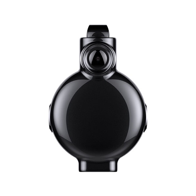 The Necklace SpyCam is a sleek, black, round electronic device with a central lens on top, resembling a spy camera necklace, photographed against a white background.