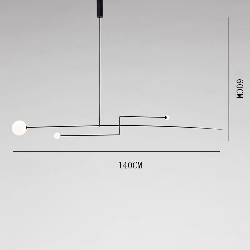The Minimalist Line Light is a modern pendant with a sculptural design featuring three spherical bulbs on a horizontal rod, measuring 60 cm high and 140 cm wide, set against a plain background. It elegantly blends form and function.