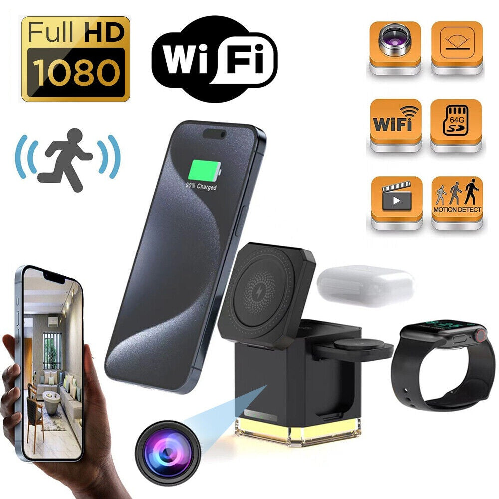 A collage features the Universal Charger Night Light SpyCam, a mini camera, a smartwatch, a smartphone with a room view, and icons for 4K video, WiFi, motion detection, and SD card support.