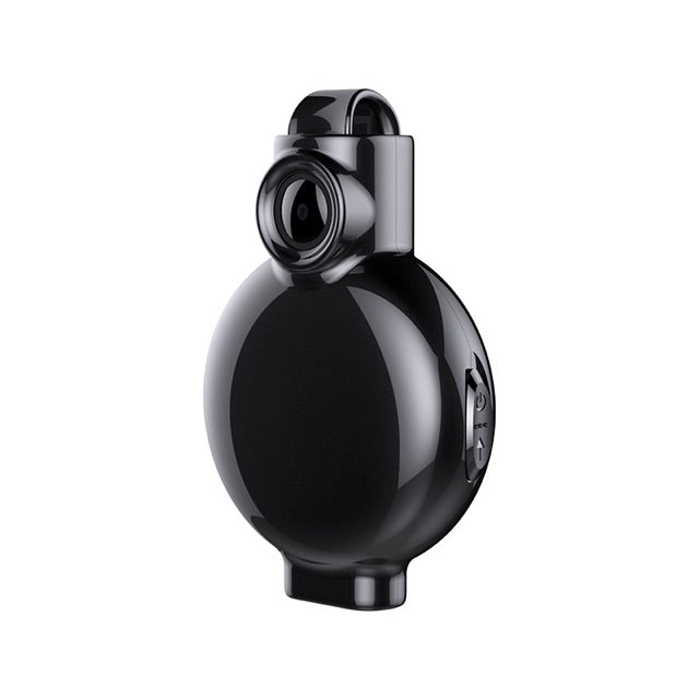 The Necklace SpyCam is a small, black, round digital device with a lens at the top and side buttons, shown on a white background.