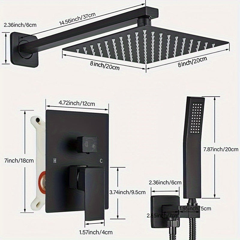 Black Wall Mounted Switch & Handheld Shower system featuring a matte black square rainfall overhead shower, handheld shower, and wall-mounted control, with each component clearly labeled with exact dimensions in both inches and centimeters.