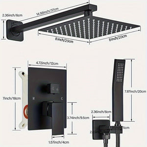 Black Wall Mounted Switch & Handheld Shower system featuring a matte black square rainfall overhead shower, handheld shower, and wall-mounted control, with each component clearly labeled with exact dimensions in both inches and centimeters.