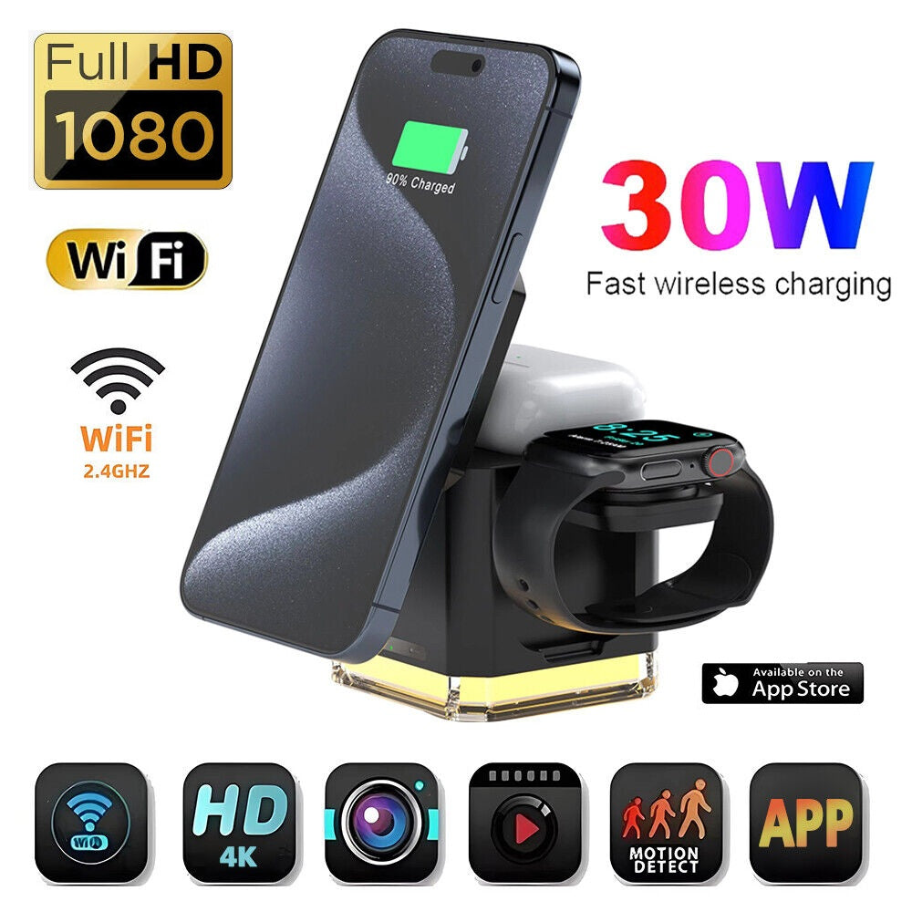 The Universal Charger Night Light SpyCam is a black station for charging your smartphone, smartwatch, and AirPods, featuring 30W fast wireless charging, Full HD 1080, WiFi, HD 4K, app compatibility, and a discreet 4K hidden camera for security.