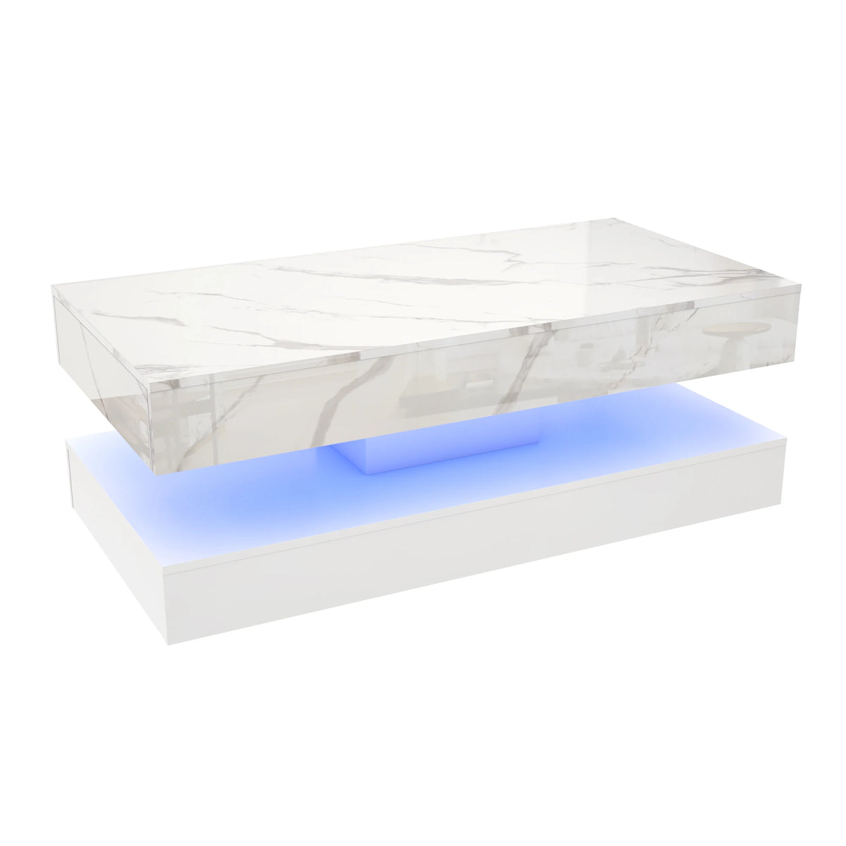 The Premium Coffee Table features a faux marble top, white base, and blue LED lighting beneath the tabletop for a modern touch in your living space.