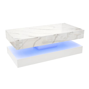 The Premium Coffee Table features a faux marble top, white base, and blue LED lighting beneath the tabletop for a modern touch in your living space.