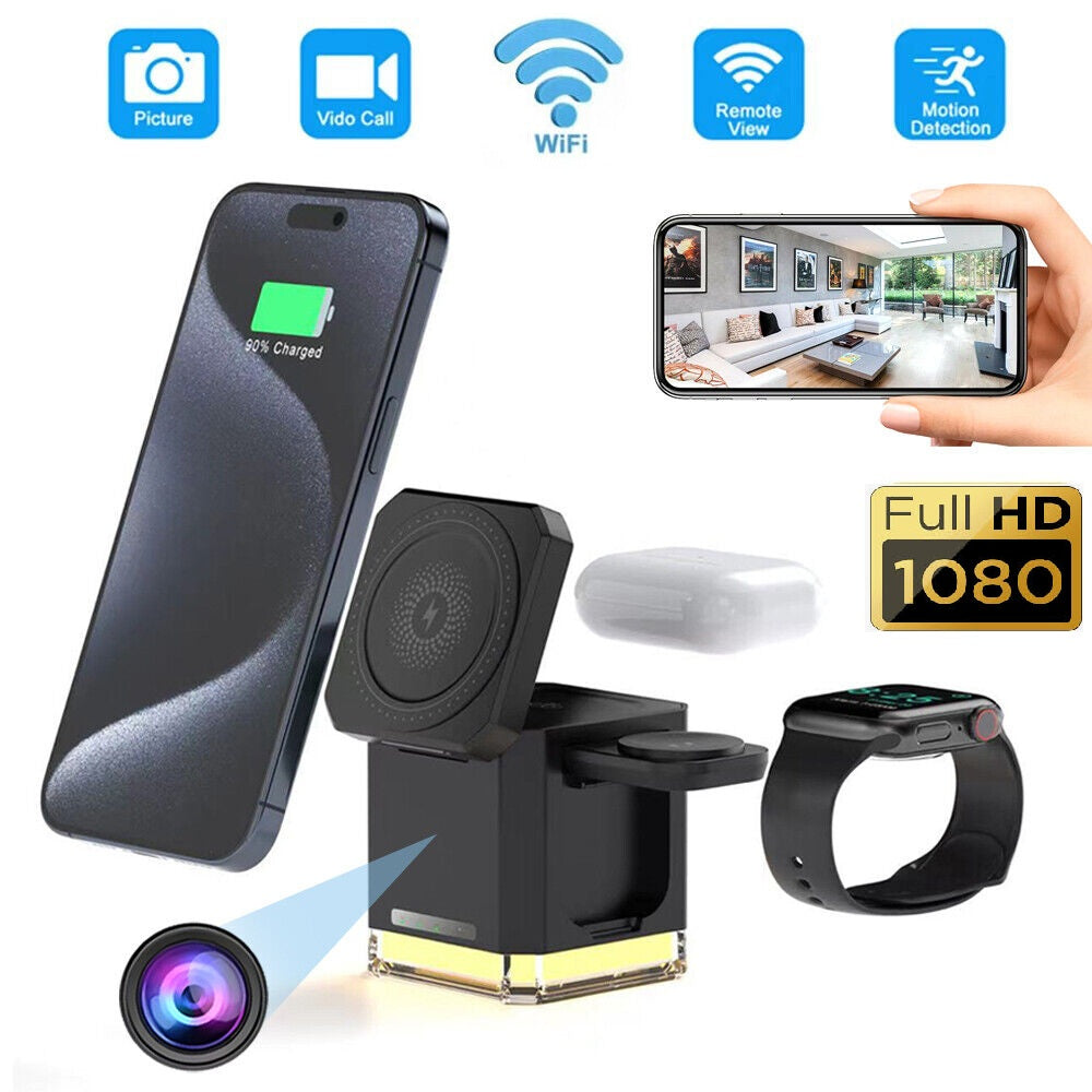 The Universal Charger Night Light SpyCam is displayed with a smartphone, smartwatch, and remote viewing on another phone. Icons emphasize its hidden camera, WiFi connectivity, and motion detection for discreet home security.