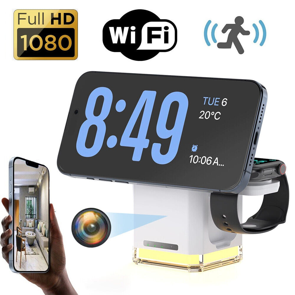 The Universal Charger Night Light SpyCam is a digital clock phone charger with WiFi, a built-in night light, Full HD 1080p spycam, motion detection, and live video you can view right on your smartphone.