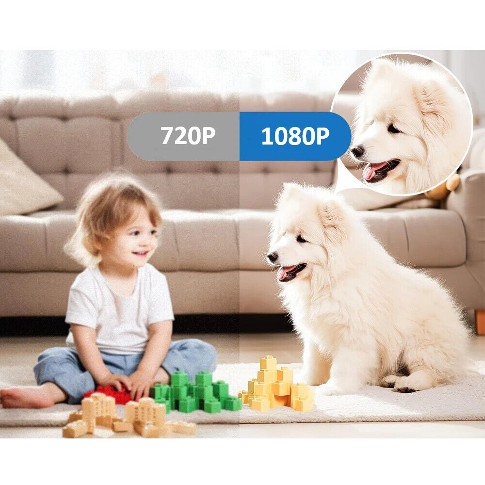 A young child and a fluffy white dog sit on a carpet with toy blocks, highlighting the Universal Charger Night Light SpyCam's clear image quality by comparing 720P vs 1080P resolution.