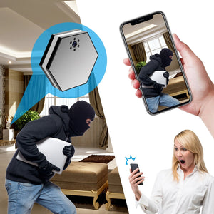 A masked individual steals a laptop as the Sleek Clock SpyCam with 4K HD alerts a woman, who sees the live footage on her phone and reacts in shock.