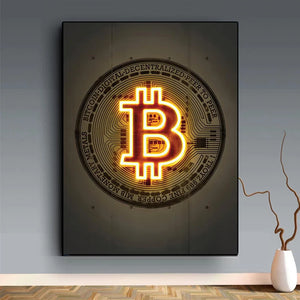 The Frameless Bitcoin Print features a glowing Bitcoin symbol on canvas, set against a digital coin background in a modern room with a vase and wooden floor—making it the ideal crypto wall art for contemporary spaces.
