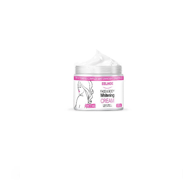 A jar of Skin Lightening Cream with an open lid, revealing a white cream inside. The jar is white with pink labeling featuring an illustration of a woman's profile and is enriched with nourishing natural ingredients to help reduce dark spots.