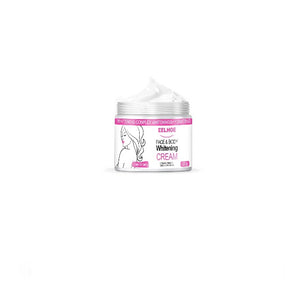 A jar of Skin Lightening Cream with an open lid, revealing a white cream inside. The jar is white with pink labeling featuring an illustration of a woman's profile and is enriched with nourishing natural ingredients to help reduce dark spots.