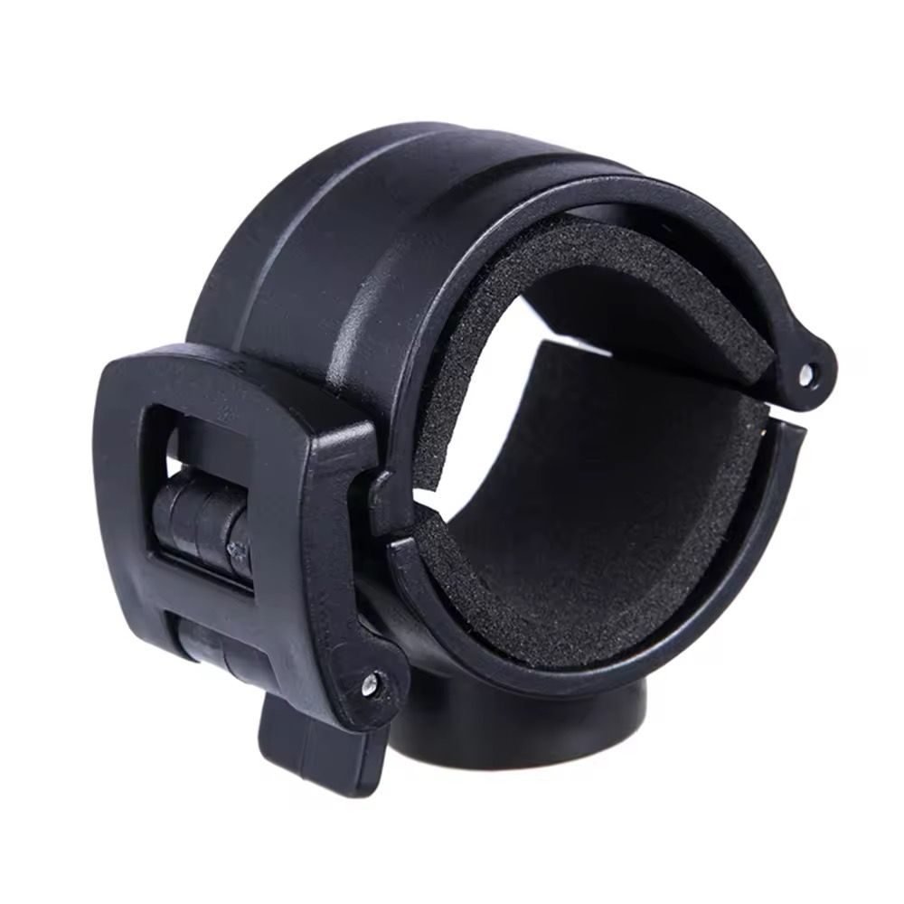 A black plastic and foam clamp with hinge and latch, ideal for securely holding cylindrical items—perfect for mounting your Outdoor Flashlight SpyCam with long battery life.