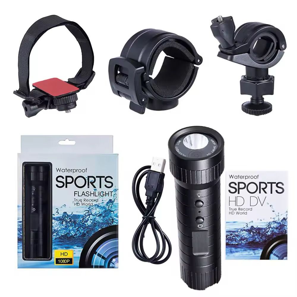 The Outdoor Flashlight SpyCam is a waterproof HD 1080p video recorder kit with wrist and bike mounts, USB cable, and visible packaging—designed for sports use and extended battery life.