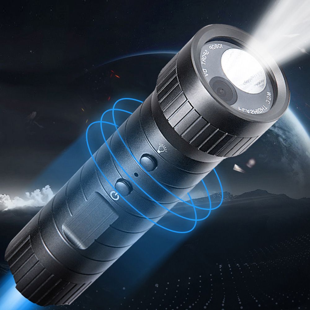 The Outdoor Flashlight SpyCam, a black waterproof flashlight, shines a bright white beam with glowing blue rings against a space-themed backdrop, emphasizing its adventure-ready design.