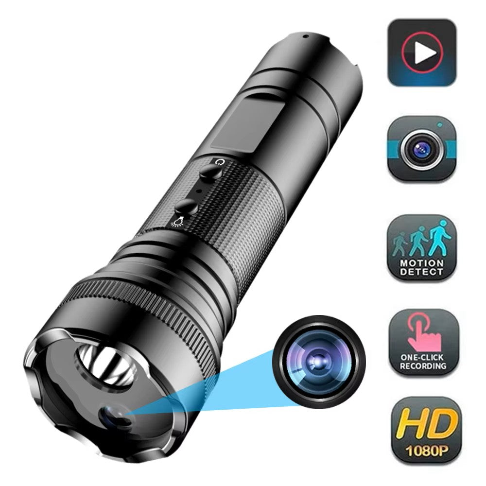 The Outdoor Flashlight SpyCam is a black waterproof flashlight with a built-in camera, featuring video recording, motion detection, one-click capture, and sharp 1080p resolution. Feature icons highlight its advanced surveillance functions.