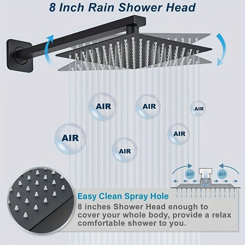 Diagram of an 8-inch square Black Wall Mounted Switch & Handheld Shower, featuring water streams, clearly labeled air gaps, and a close-up view of the easy clean spray holes. The illustration highlights its sleek matte black design, perfect for modern bathrooms.