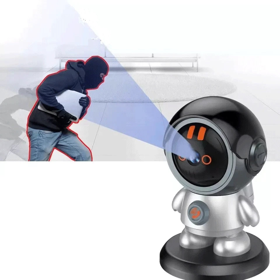The Mini Robot SpyCam is a compact, robot-shaped security camera that uses AI auto-tracking to shine light on suspicious individuals, like a masked person with a laptop, alerting you to potential threats and boosting home security.