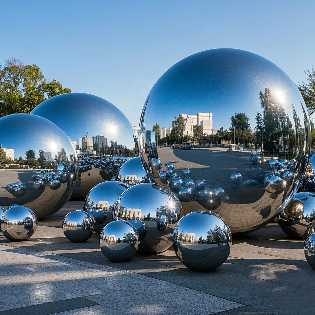 Stainless Steel Gazing Balls in large and small sizes are arranged outdoors on a paved area, mirroring nearby buildings, trees, and the blue sky.