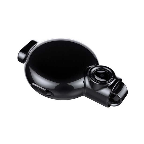 A black, round retractable dog leash with a built-in LED flashlight on the handle is pictured on a white background—great for night walks or detecting hidden devices like the Necklace SpyCam.