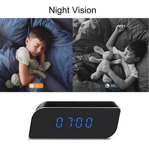 Side-by-side photos show a boy sleeping with a stuffed animal—one in daylight, one in night vision—above a digital clock displaying 07:00, demonstrating the SpyCam Camera Clock’s discreet motion detection feature.