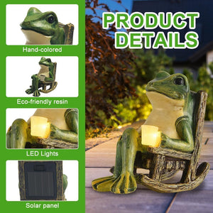 Introducing the Solar-powered Rocking Chair Frog Light: a hand-colored garden ornament made of eco-friendly, weatherproof resin, featuring a charming frog holding an LED light while relaxing on a rocking chair. Powered by a discreet solar panel, this delightful decor piece includes product detail labels conveniently displayed on the left side.