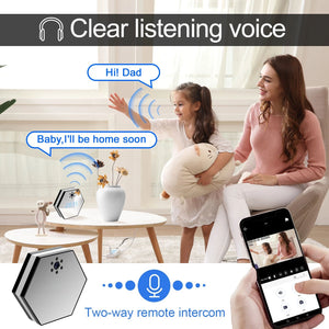 A woman and child sit on a couch using the Sleek Clock SpyCam with 4K HD resolution for clear two-way remote communication in a bright living room.