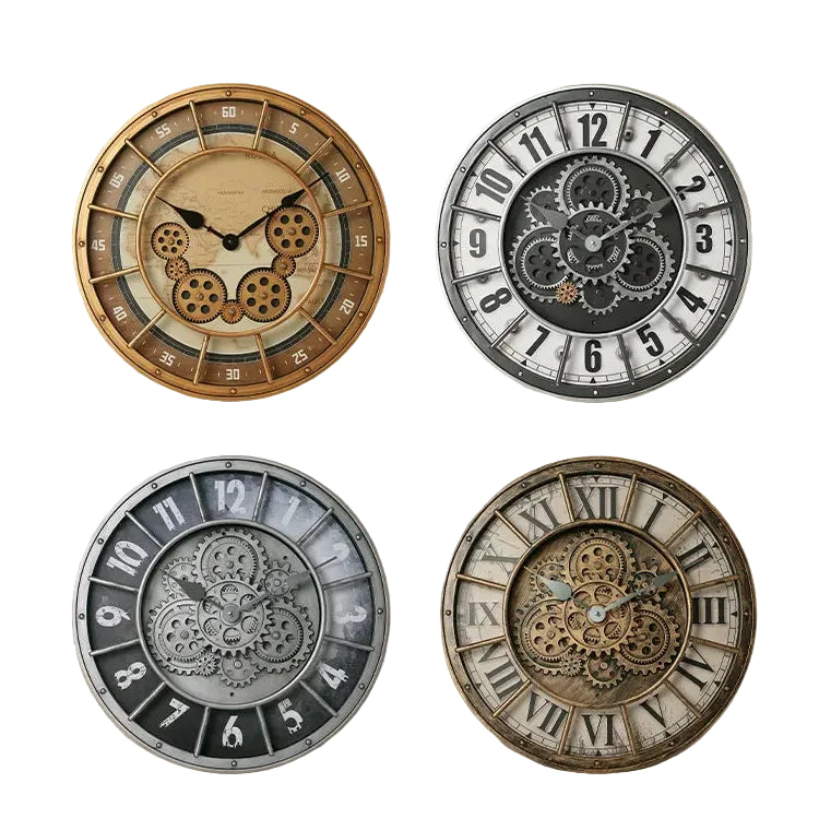 Four round Industrial Gearworks Wall Clocks with visible gears and varied numeral styles—Arabic and Roman—arranged in a two-by-two grid, perfect for adding industrial charm to any room.