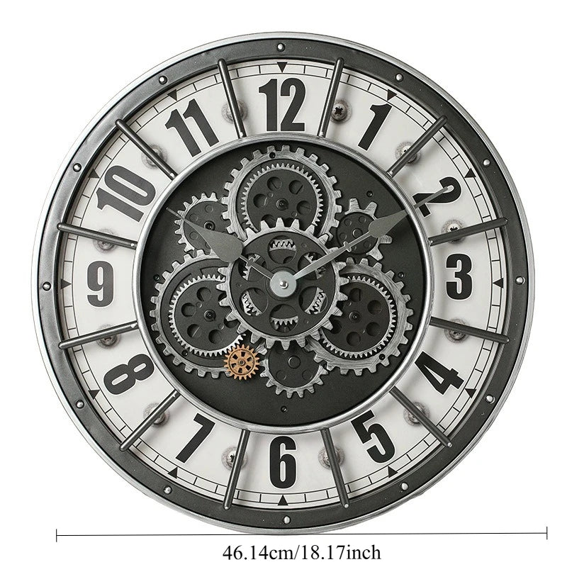 The Industrial Gearworks Wall Clock features exposed gears, a black and white face, large black numbers, and measures 46.14 cm (18.17 inches) in diameter.