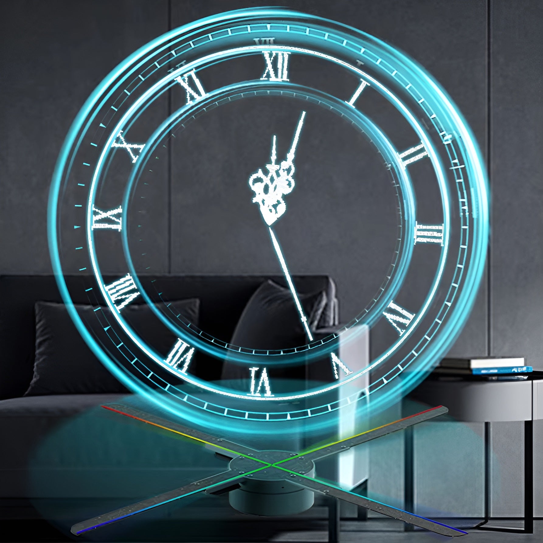 A 3D Projector Wall Clock, featuring Roman numerals and ornate hands, is elegantly showcased above a table in a modern room. Its dynamic LED display allows for customizable backgrounds, adding a personalized touch.