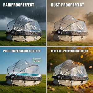 The Large Outdoor Above Ground Pool Cover shields your round pool from rain, dust, heat loss, and falling leaves—each benefit shown in four labeled images. This transparent dome is perfect for creating a protected space over your pool, ensuring year-round safety and enjoyment.