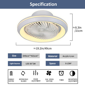 The Smart Fan Ceiling Light features an integrated LED, reversible blades, adjustable settings, white finish, 49cm diameter, and 21cm height; ideal for rooms of 8-15m².