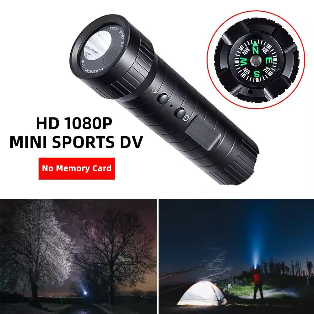 The Outdoor Flashlight SpyCam is a black HD 1080P mini camera with a built-in compass. Ideal for nighttime camping, it features a visible beam as a waterproof flashlight. Text displays: “No Memory Card.”.