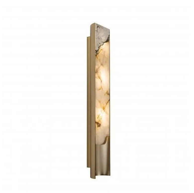 The Luxury Marble Wall Sconce showcases a vertical design with a gold metal frame and a translucent marbled glass panel, beautifully illuminated from within.