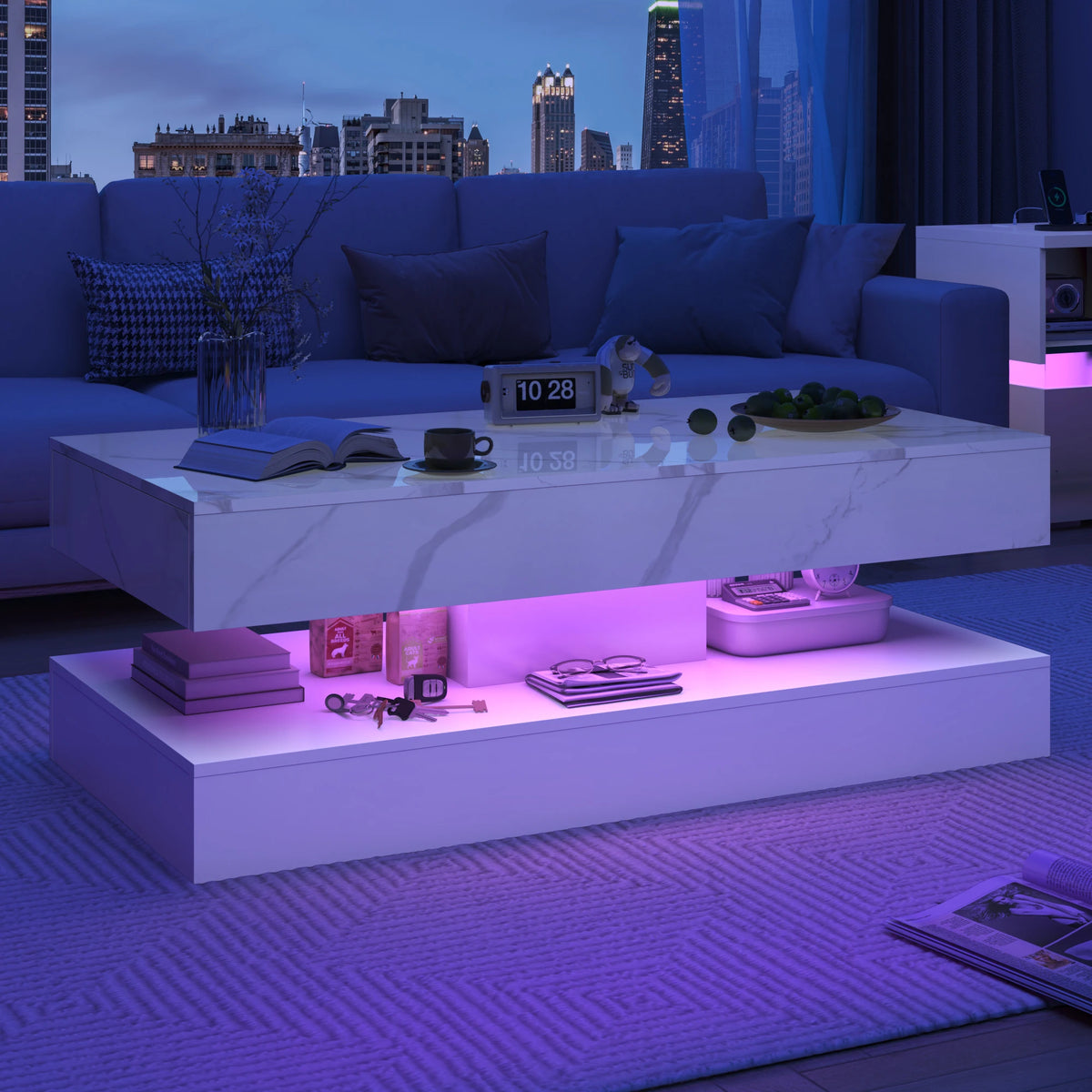 The Premium Coffee Table features a modern white design with a glossy finish and purple LED lighting underneath, perfect for a living room with cityscape views through large windows at dusk.