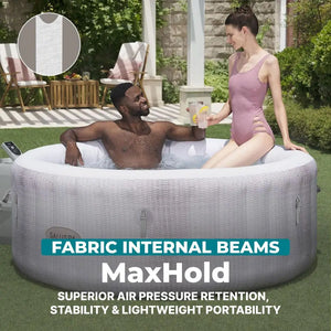 A man and woman relax outdoors in an Inflatable Hot Tub, each holding a drink. The text emphasizes the Inflatable Hot Tub’s durable fabric internal beams and exceptional air pressure retention, ensuring the ultimate outdoor spa experience.