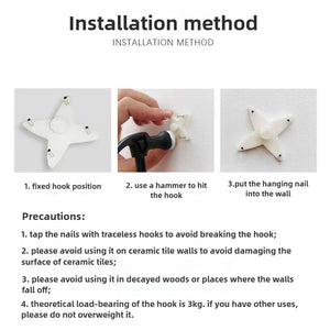 Step-by-step instructions for installing a hook on a wall, ideal for displaying the Industrial Gearworks Wall Clock, with images and safety precautions provided below the installation method.