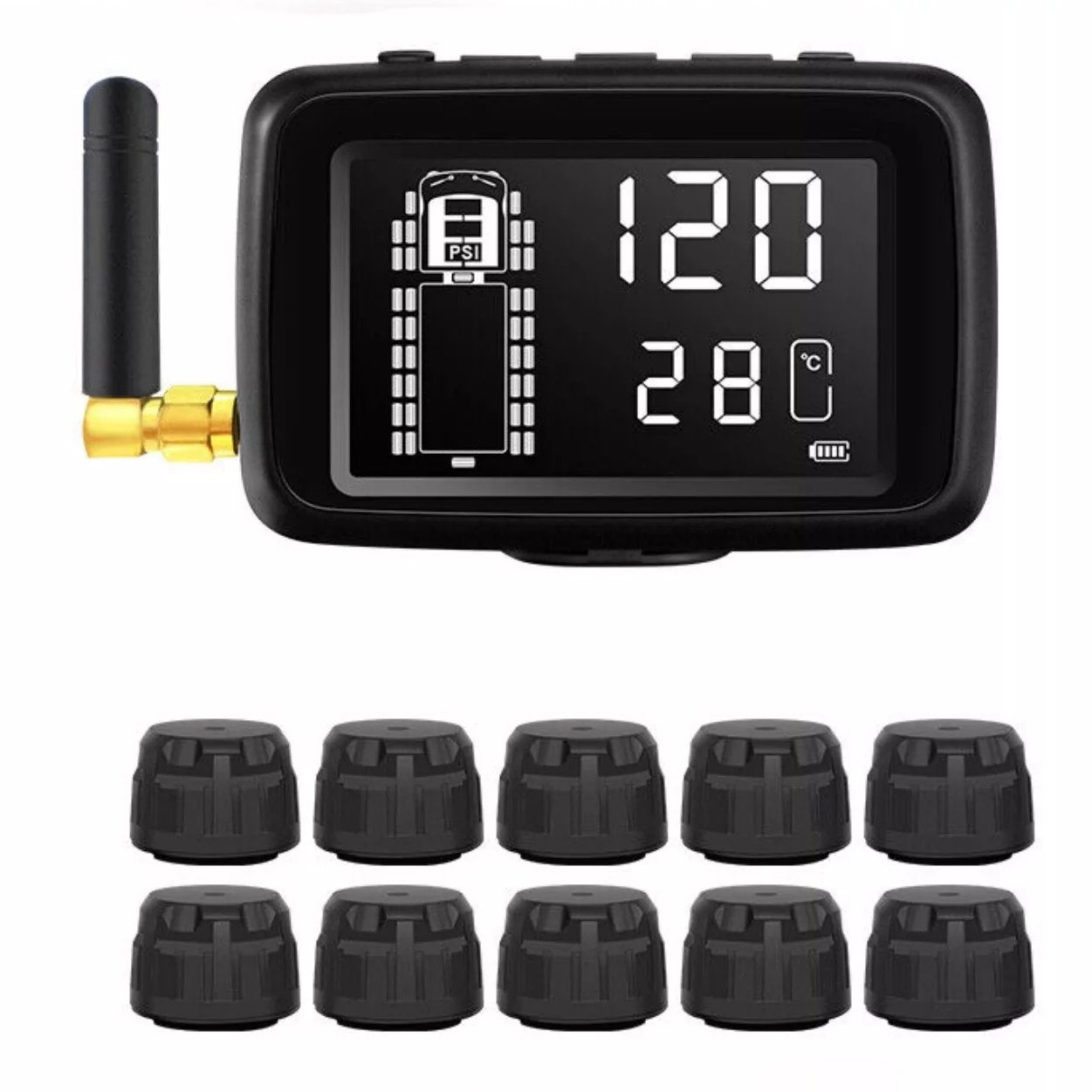 The Tire Pressure & Temperature Monitoring System includes an antenna, digital display, and ten black sensor caps to ensure driving safety at all times.