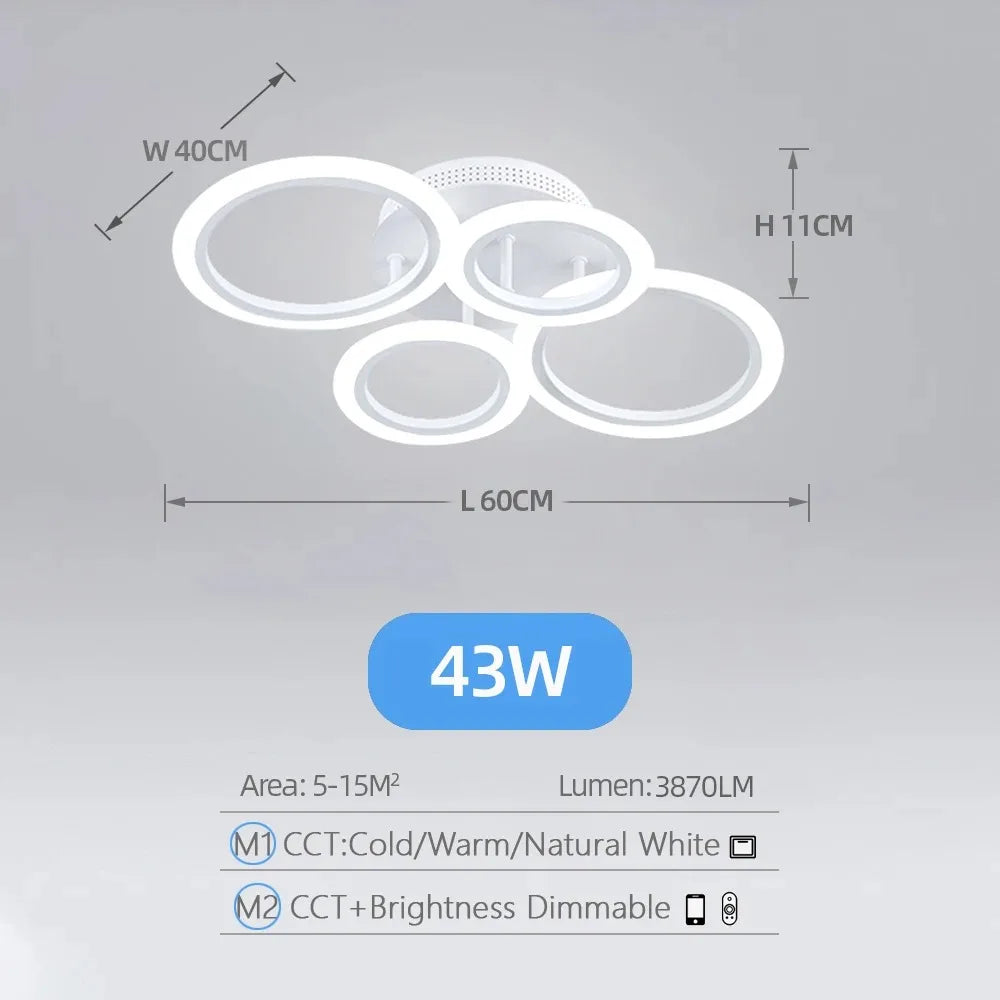 The Smart Circle Ceiling Light features four circular LED rings, 43W of power, 3870 lumens brightness, adjustable color temperature and brightness. Measuring 60x40x11cm, this modern smart ceiling light is ideal for illuminating spaces of 5-15m².